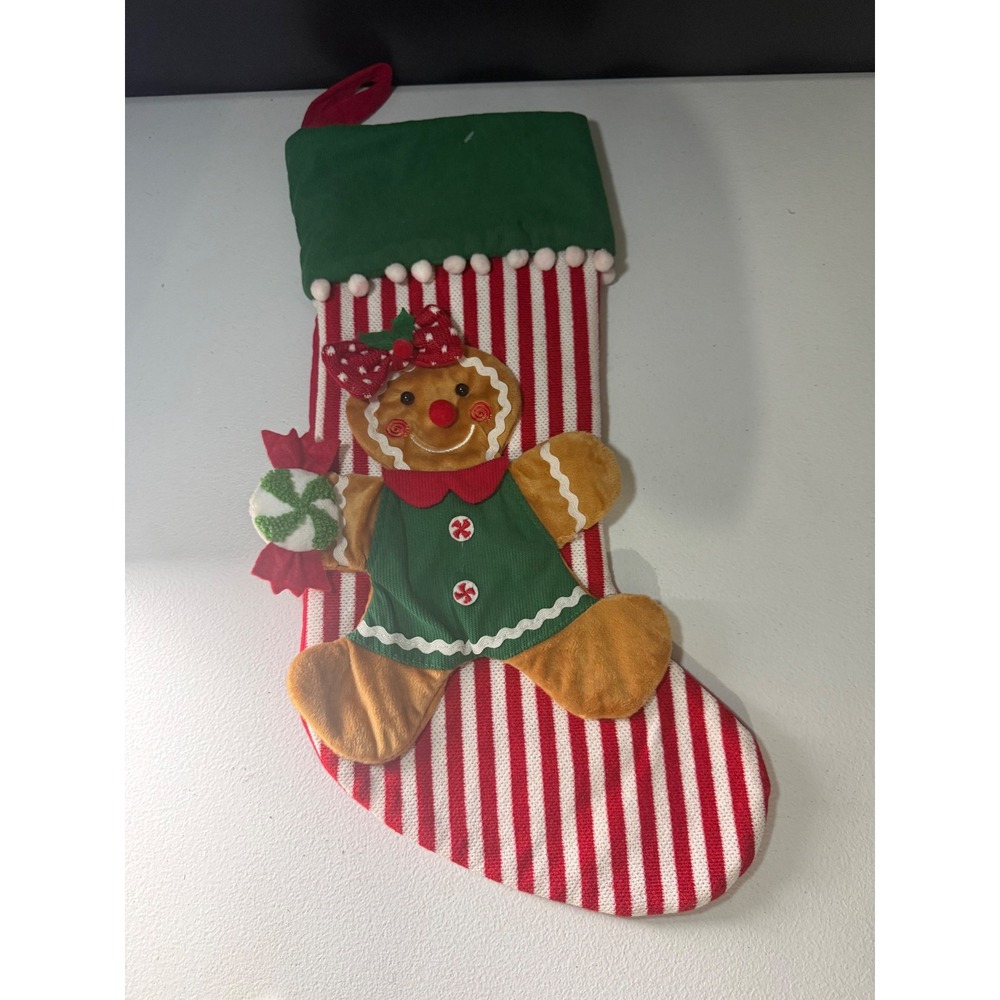 Gingerbread Girl Christmas Stocking Red White Striped Knit Pom Pom Trim Plush